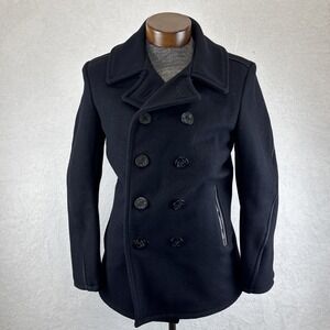 Schott  740C Wool Naval Peacoat Men's 38 Black Leather Trim Red Lining Made USA